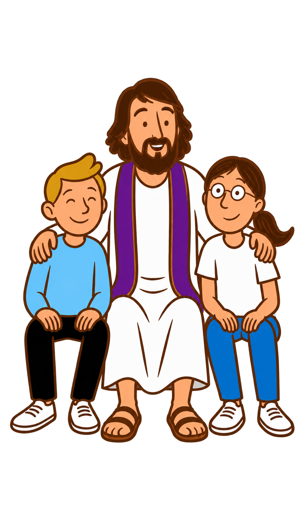 Jesús y dos niños sentados en el borde del cuadro